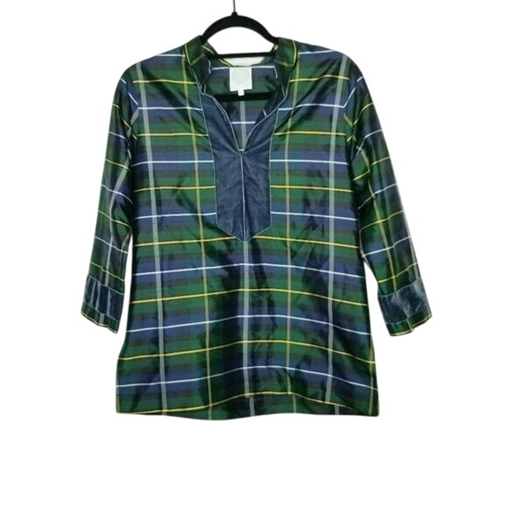 Devon Baer Plaid Tunic Silk Velvet Top Green‎ Blue Yellow White Womens S Holiday